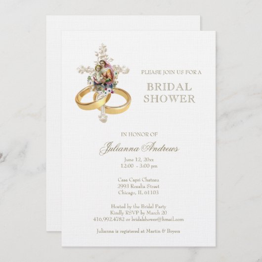 Elegantes katholisches Brautparty Blumengold Einladung (Vorne/Hinten)