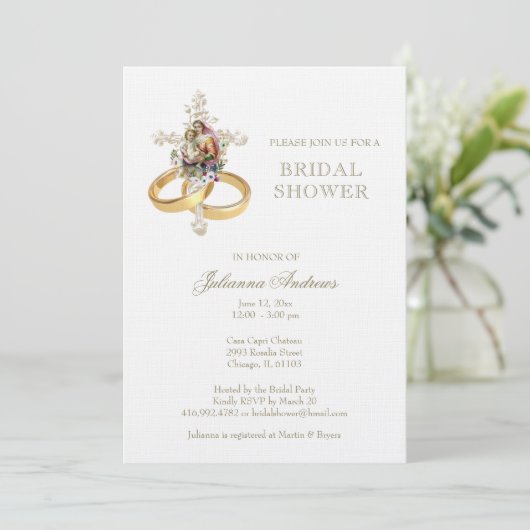 Elegantes katholisches Brautparty Blumengold Einladung (Stehend Vorderseite)