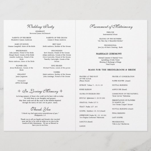 Elegantes katholisches Hochzeitsprogramm für die l (Rückseite)