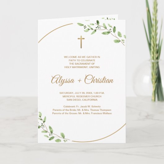Elegantes katholisches Hochzeitsprogramm mit Lesun Programm (Vorderseite)