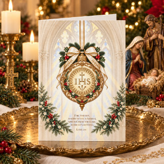 Elegantes katholisches IHS-Ornament, Lukas 2:11 Fl Feiertagskarte