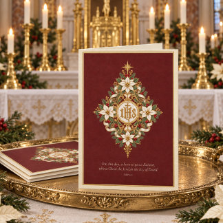 Elegantes katholisches IHS-Ornament, Lukas 2:11 Fl Feiertagskarte