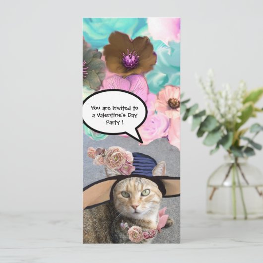 ELEGANTES KATZ-, GROSSE DIVA HAT UND ROSE VALENTIN EINLADUNG (Stehend Vorderseite)