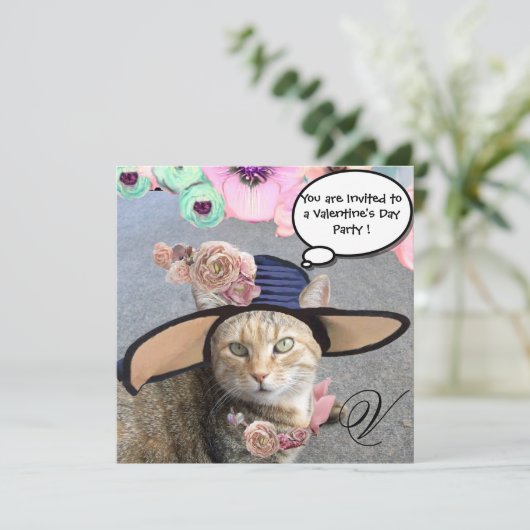 ELEGANTES KATZ-, GROSSE DIVA HAT UND ROSE VALENTIN EINLADUNG (Stehend Vorderseite)