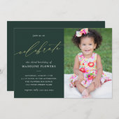 Elegantes Kindergeburtstag Sage Green Foto Einladung (Vorne/Hinten)