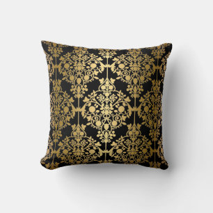 Elegantes Kissen Schwarz Gold Damast Blumen