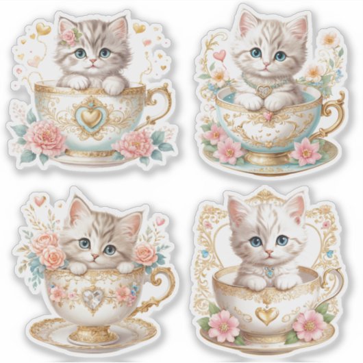 Elegantes Kitten in Teacup Stickers - Blumendesign Aufkleber (Vorderseite)
