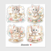 Elegantes Kitten in Teacup Stickers - Blumendesign Aufkleber (Blatt)