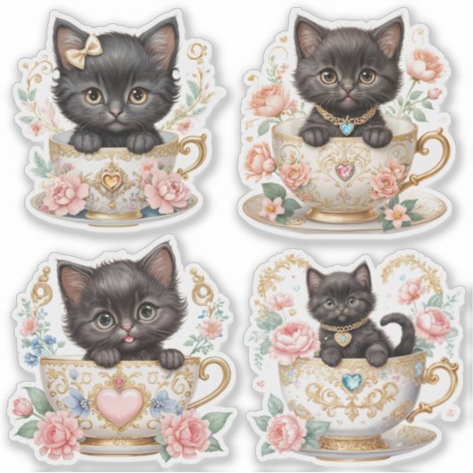 Elegantes Kitten in Teacup Stickers - Blumendesign Aufkleber (Vorderseite)