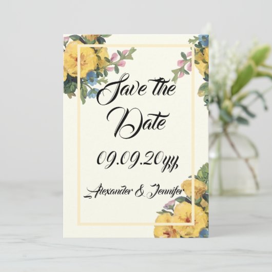 Elegantes klassisches Blumengelb Save the Date Einladung (Stehend Vorderseite)