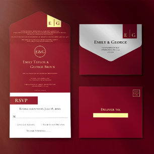 Elegantes, klassisches burgunderrotes und goldenes all in one einladung