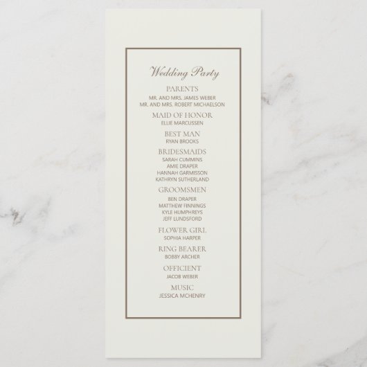 Elegantes klassisches Cream Brown Script Wedding P Programm (Rückseite)