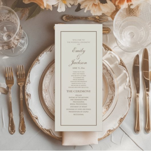 Elegantes klassisches Cream Brown Script Wedding P Programm