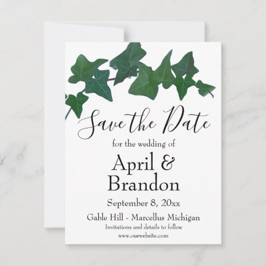 Elegantes klassisches Green English Ivy Skript Save The Date (Vorderseite)