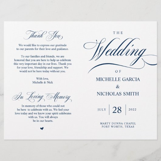 Elegantes klassisches Hochzeitsprogramm für Navy B (Vorderseite)
