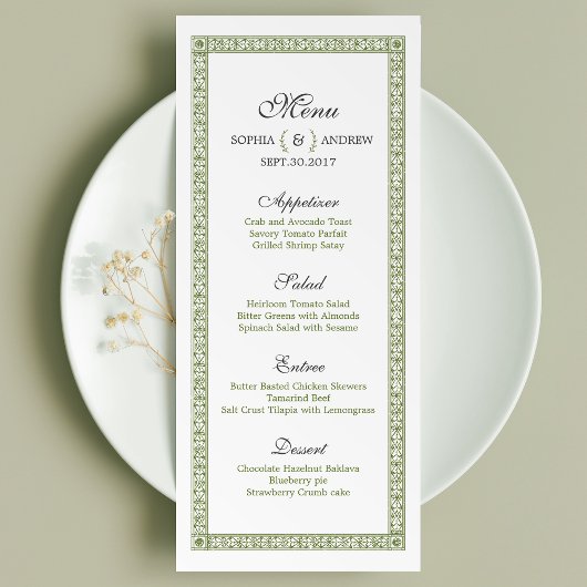 Elegantes klassisches klassisches Hochzeitsmenü Menükarte