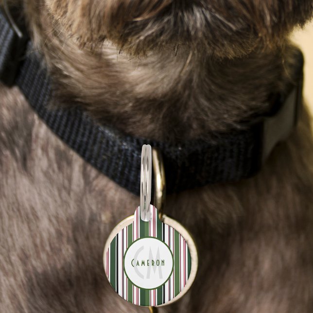 Elegantes, klassisches Monogramm mit grünem Streif Haustiermarke (Elegant Classic Green Striped Monogram Pet ID Tag)