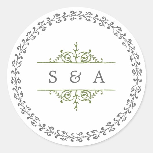 Elegantes klassisches Oldtimer-Hochzeitsmonogramm Runder Aufkleber (Vorderseite)