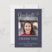 Elegantes, klassisches Script Graduate Foto Blue Dankeskarte (Vorderseite)