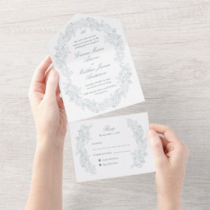 Elegantes klassisches Skript Blau-Regency-Hochzeit All In One Einladung