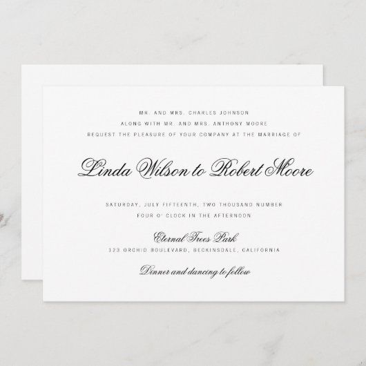 Elegantes klassisches Skript Traditionelle Hochzei Einladung (Vorne/Hinten)