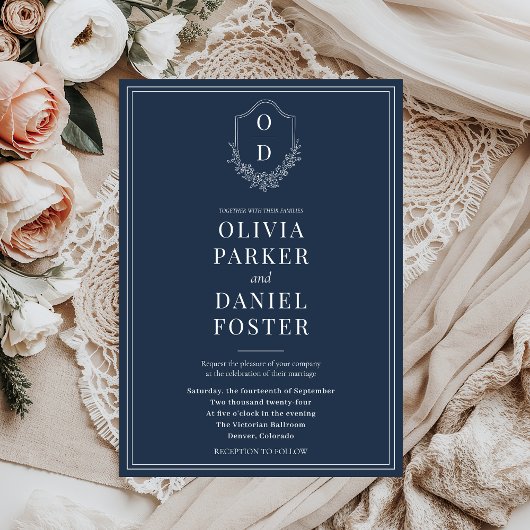 Elegantes klassisches Wappen Navy Blue Wedding Einladung