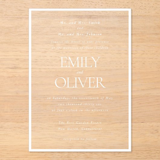 Elegantes klassisches Weißrahmen-Overlay Acryleinladungen (Vorderseite)