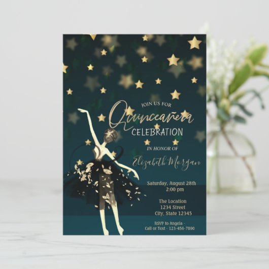 Elegantes Kleid Ballerina Stars Quinceañera Einladung (Stehend Vorderseite)
