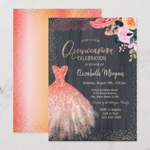 Elegantes Kleid, Blumen Feder Quinceanera Einladung