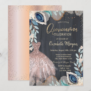 Elegantes Kleid, Blumen, Roségold Quinceanera Einladung