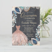 Elegantes Kleid, Confetti Feather Quinceañera Part Einladung (Stehend Vorderseite)