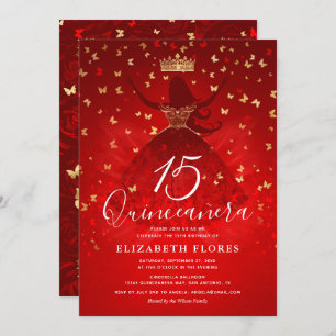 Elegantes Kleid Crown Red and Gold Quinceanera Einladung