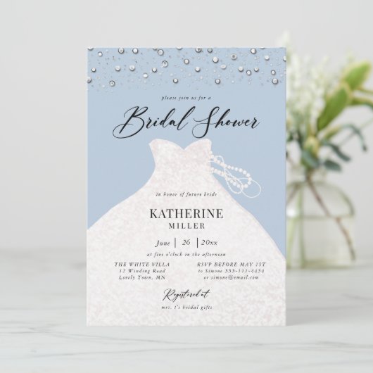 Elegantes Kleid in Pearls Dusty Blue Brautparty Einladung (Stehend Vorderseite)