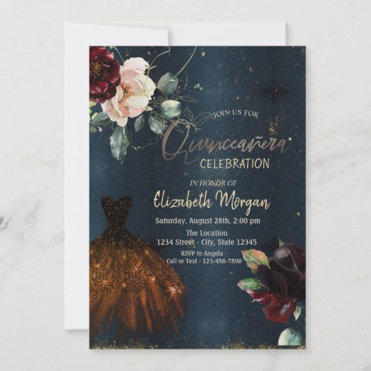 Elegantes Kleid, Rose Dunkelblau Quinceñera Einladung (Vorderseite)