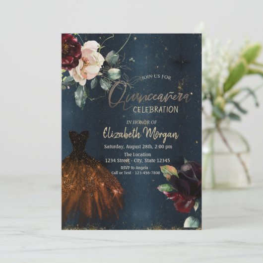 Elegantes Kleid, Rose Dunkelblau Quinceñera Einladung (Stehend Vorderseite)