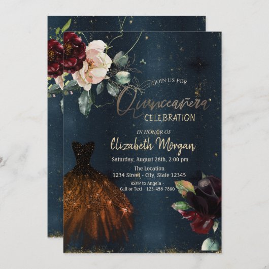 Elegantes Kleid, Rose Dunkelblau Quinceñera Einladung (Vorne/Hinten)