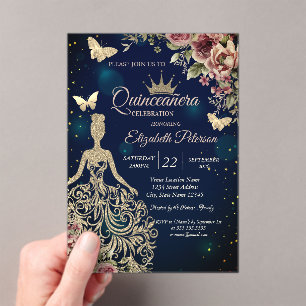 Elegantes Kleid, Schmetterling Blumen Sterne Blau Acryleinladungen