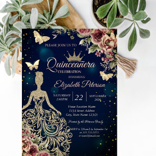 Elegantes Kleid, Schmetterling Blumen Sterne Blau  Einladung