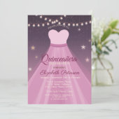 Elegantes Kleid, String Lights Quinceñera Einladung (Stehend Vorderseite)