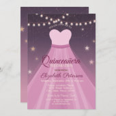 Elegantes Kleid, String Lights Quinceñera Einladung (Vorne/Hinten)
