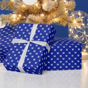 Elegantes, kobaltblau-weißes Monogramm Geschenkpapier
