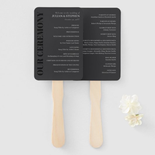 Elegantes Kohle-Typografie-Hochzeitsprogramm Fächer (Vorne und Hinten)