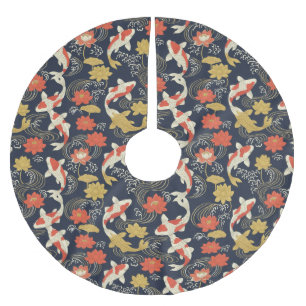 Elegantes Koi-Fisch- und Lotos-Muster Polyester Weihnachtsbaumdecke