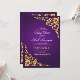 Elegantes königliches lila und goldenes Blumenhoch Einladung