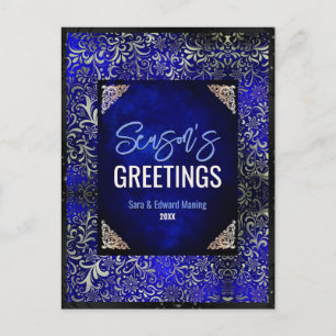 Elegantes königsblaues Blumen-Glitter Weihnachten Postkarte