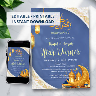 Elegantes königsblaues und goldenes islamisches If Einladung