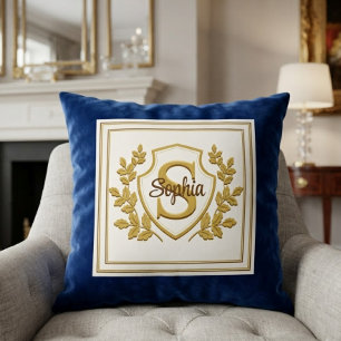 Elegantes königsblaues und goldenes Wappen-Monogra Kissen
