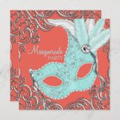 Elegantes Korallen und Aquamarines Blue Masquerade Einladung (Vorne/Hinten)