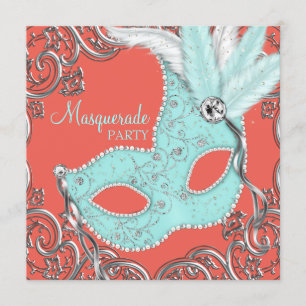 Elegantes Korallen und Aquamarines Blue Masquerade Einladung