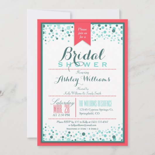 Elegantes Korallenrosa; Aqua Confetti Brautparty Einladung (Vorderseite)